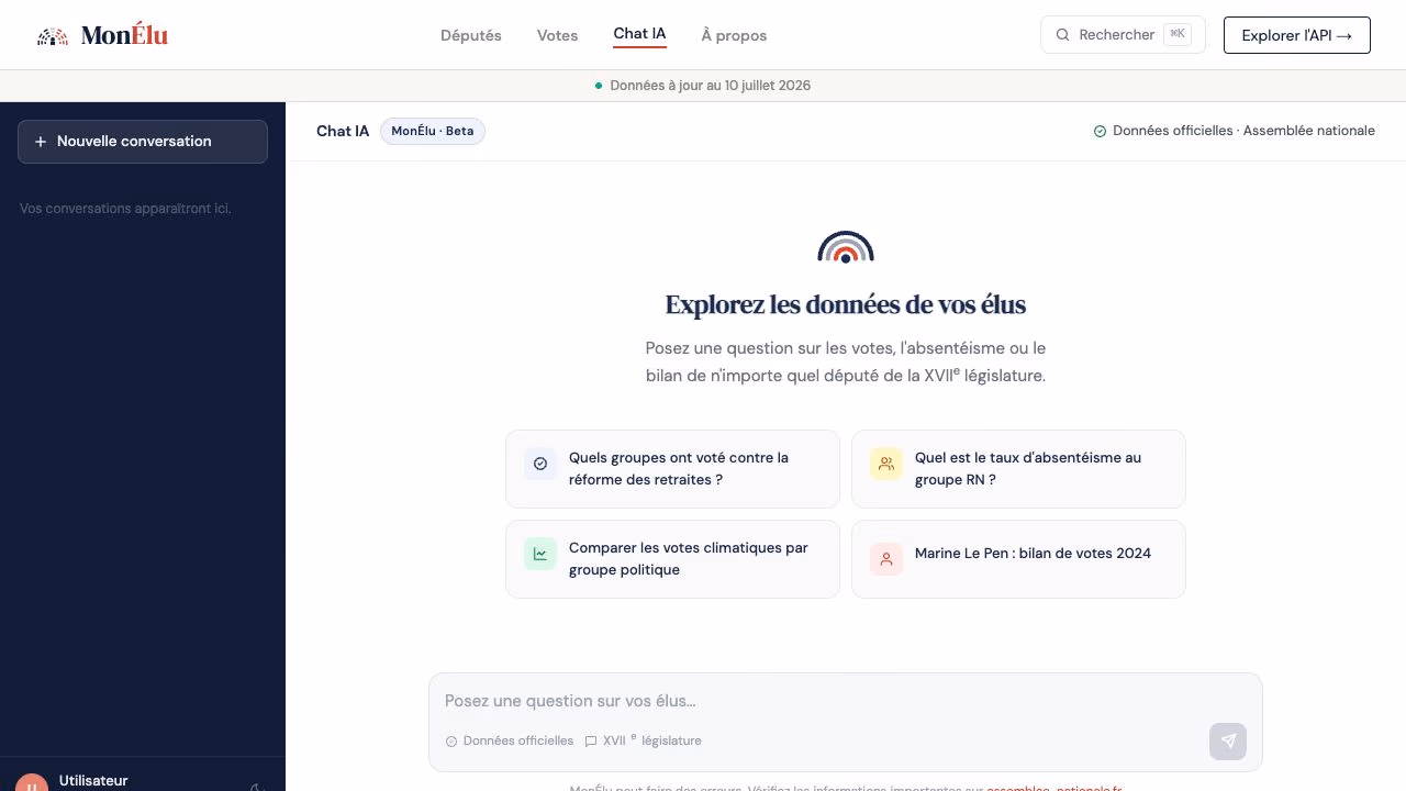 MonÉlu AI chat interface showing suggested civic questions