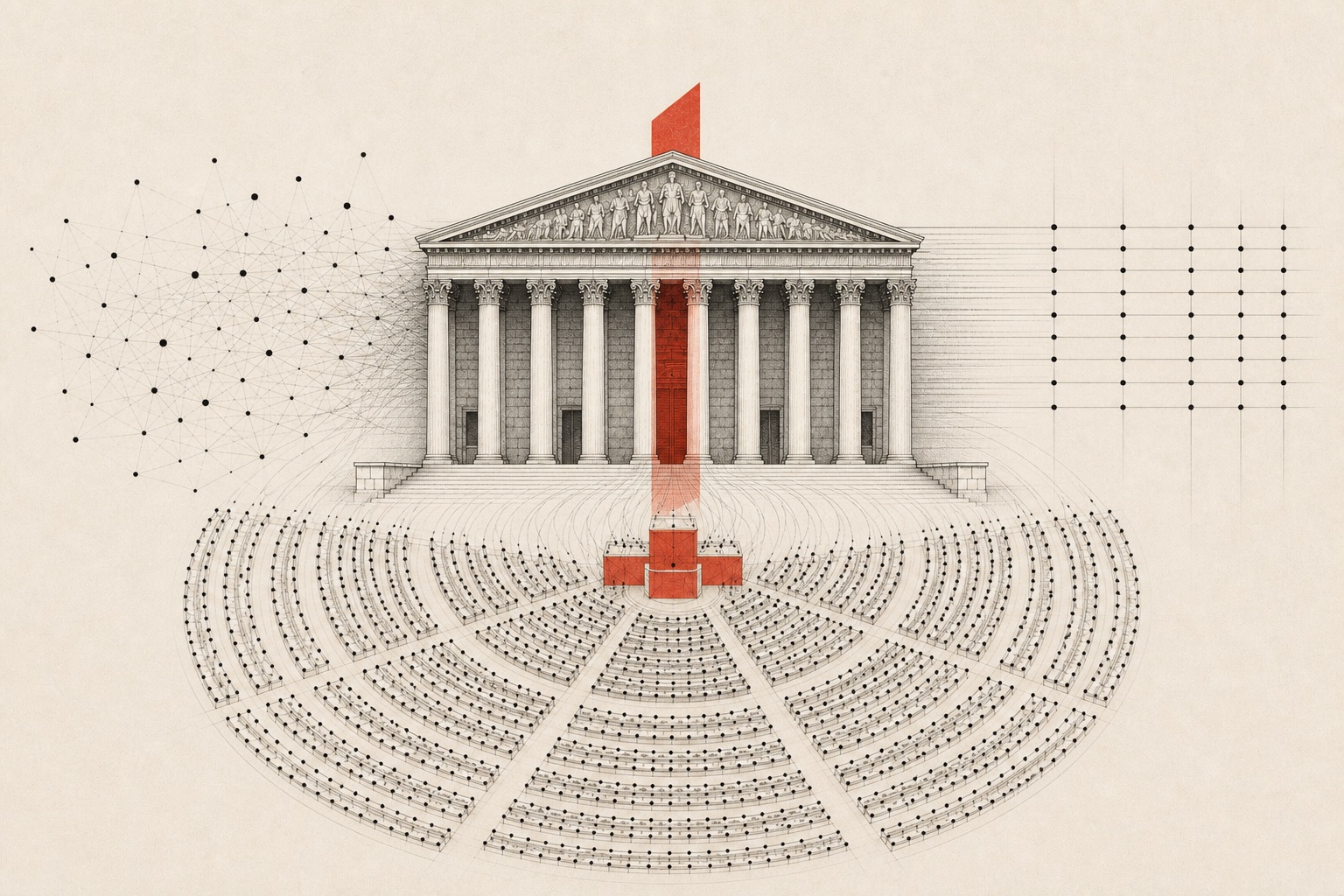 Editorial illustration of the French National Assembly façade opening into parliamentary seats and governed data lines
